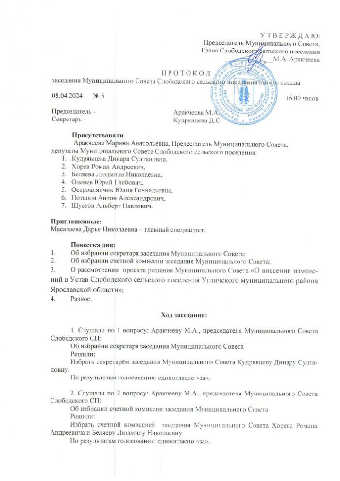 Протокол заседания Муниципального Совета Слободского сельского поселения пятого созыва от 08.04.2024 №5